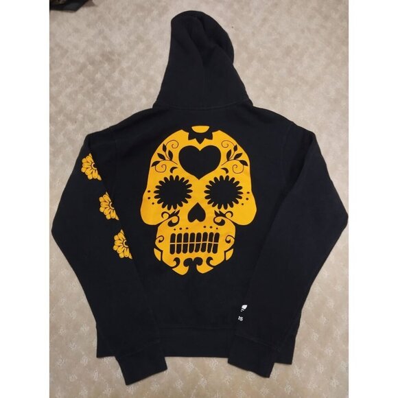 Adidas Hoodie Men's S Black Day of the Dead Sugar Skull Gold Floral Trefoil Logo - Picture 2 of 3